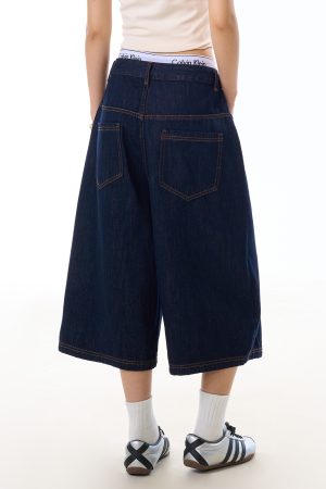 Retro Denim Blue Wide-Leg Three-Quarter Jeans for Women with Deconstructed Stitching, Casual Y2K Style Shorts