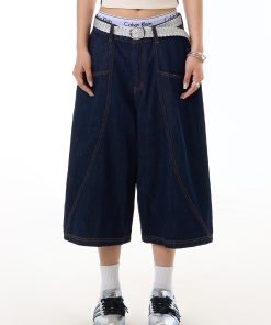 Retro Denim Blue Wide-Leg Three-Quarter Jeans for Women with Deconstructed Stitching, Casual Y2K Style Shorts
