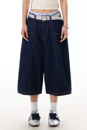 Retro Denim Blue Wide-Leg Three-Quarter Jeans for Women with Deconstructed Stitching, Casual Y2K Style Shorts