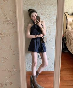 Retro Denim Sleeveless Halter Top Women's Loose Fit Casual Tank Top and Shorts Set - Summer Y2K Style