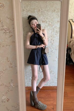 Retro Denim Sleeveless Halter Top Women's Loose Fit Casual Tank Top and Shorts Set - Summer Y2K Style