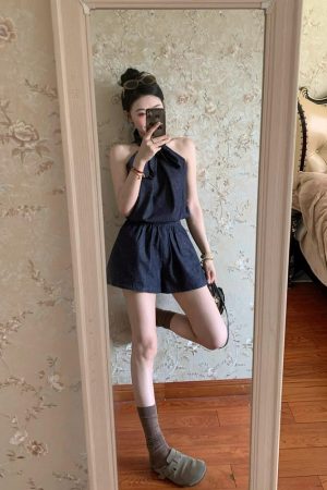 Retro Denim Sleeveless Halter Top Women's Loose Fit Casual Tank Top and Shorts Set - Summer Y2K Style