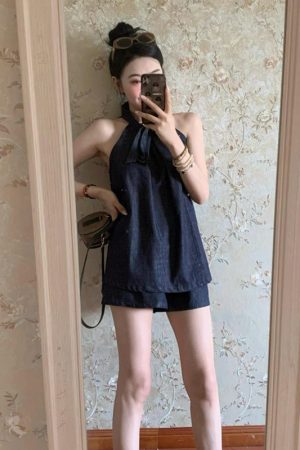Retro Denim Sleeveless Halter Top Women's Loose Fit Casual Tank Top and Shorts Set - Summer Y2K Style