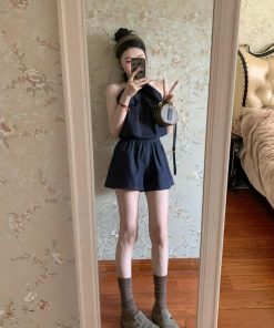 Retro Denim Sleeveless Halter Top Women's Loose Fit Casual Tank Top and Shorts Set - Summer Y2K Style