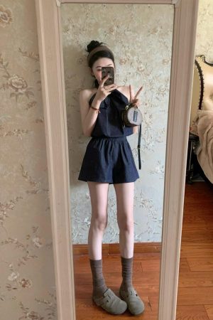 Retro Denim Sleeveless Halter Top Women's Loose Fit Casual Tank Top and Shorts Set - Summer Y2K Style