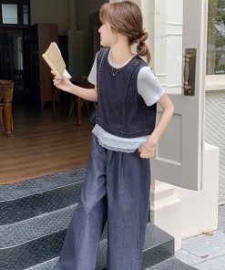 Retro Denim Vest and Wide-Leg Pants Set for Women – Summer Old Money Style Three-Piece Outfit, Korean Fashion Trend