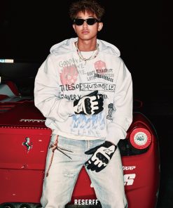 Retro Distressed White Printed Heavyweight Oversized Short Hoodie - Skin-Friendly 90s Style Streetwear