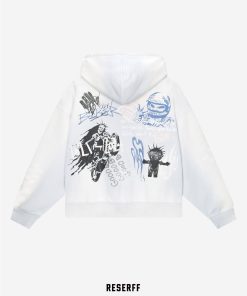 Retro Distressed White Printed Heavyweight Oversized Short Hoodie - Skin-Friendly 90s Style Streetwear