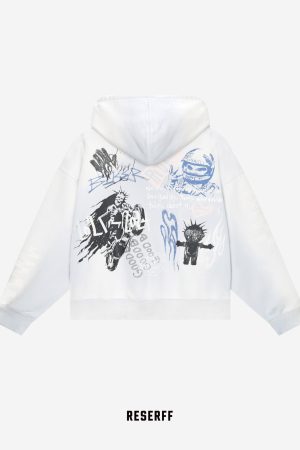Retro Distressed White Printed Heavyweight Oversized Short Hoodie - Skin-Friendly 90s Style Streetwear