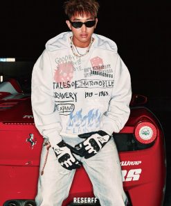 Retro Distressed White Printed Heavyweight Oversized Short Hoodie - Skin-Friendly 90s Style Streetwear