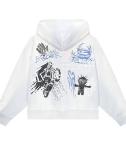 Retro Distressed White Printed Heavyweight Oversized Short Hoodie - Skin-Friendly 90s Style Streetwear