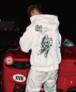 Retro Distressed White Printed Heavyweight Oversized Short Hoodie - Skin-Friendly 90s Style Streetwear