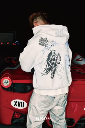 Retro Distressed White Printed Heavyweight Oversized Short Hoodie - Skin-Friendly 90s Style Streetwear