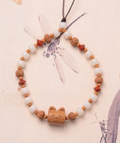 Retro Ethnic Style Lucky Cat Phone Chain with Sandalwood, White Jade, and Bodhi Seed - Unique Boho Accessory