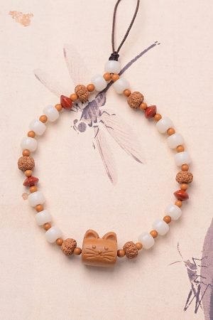 Retro Ethnic Style Lucky Cat Phone Chain with Sandalwood, White Jade, and Bodhi Seed - Unique Boho Accessory