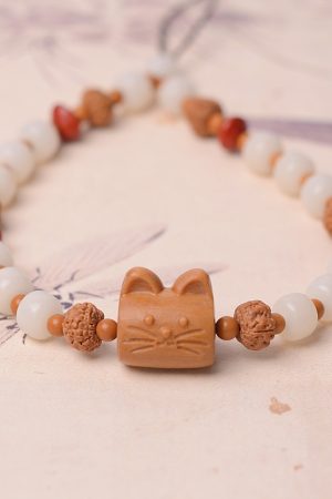 Retro Ethnic Style Lucky Cat Phone Chain with Sandalwood, White Jade, and Bodhi Seed - Unique Boho Accessory