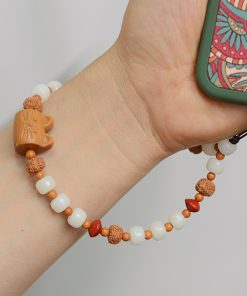 Retro Ethnic Style Lucky Cat Phone Chain with Sandalwood, White Jade, and Bodhi Seed - Unique Boho Accessory
