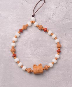 Retro Ethnic Style Lucky Cat Phone Chain with Sandalwood, White Jade, and Bodhi Seed - Unique Boho Accessory