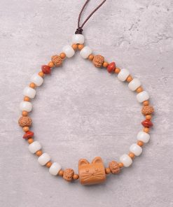 Retro Ethnic Style Lucky Cat Phone Chain with Sandalwood, White Jade, and Bodhi Seed - Unique Boho Accessory
