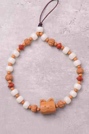 Retro Ethnic Style Lucky Cat Phone Chain with Sandalwood, White Jade, and Bodhi Seed - Unique Boho Accessory