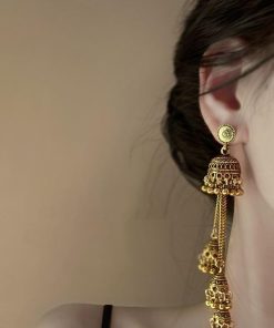 Retro Ethnic Style Oval Bell Earrings with Long Tassel, High-End Versatile Ear Studs for a Chic Look