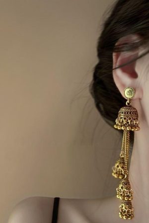 Retro Ethnic Style Oval Bell Earrings with Long Tassel, High-End Versatile Ear Studs for a Chic Look