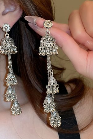 Retro Ethnic Style Oval Bell Earrings with Long Tassel, High-End Versatile Ear Studs for a Chic Look