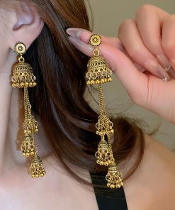 Retro Ethnic Style Oval Bell Earrings with Long Tassel, High-End Versatile Ear Studs for a Chic Look