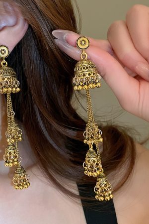 Retro Ethnic Style Oval Bell Earrings with Long Tassel, High-End Versatile Ear Studs for a Chic Look