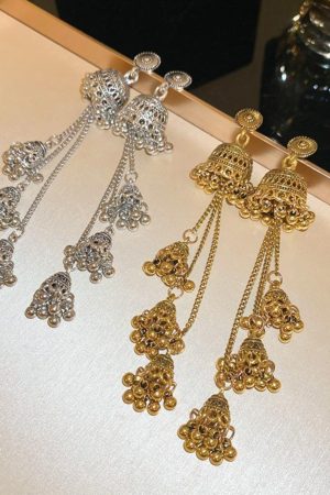 Retro Ethnic Style Oval Bell Earrings with Long Tassel, High-End Versatile Ear Studs for a Chic Look