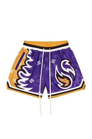 Retro Flame Cashew Flower Oversized Mesh Sports Shorts â€“ Trendy 90s Style Double-Layer Design