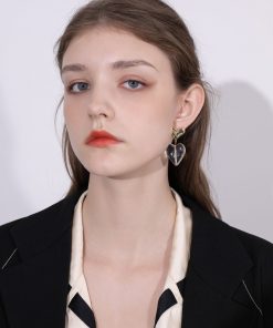 Retro Floating French Metal Heart Earrings for Women - Elegant Transparent Clip-On Ear Studs in 925 Silver - Hong Kong Style