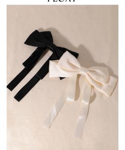 Retro French Satin Black and White Large Bow Hair Clip for Women - Elegant Floating Ribbon Hair Accessory