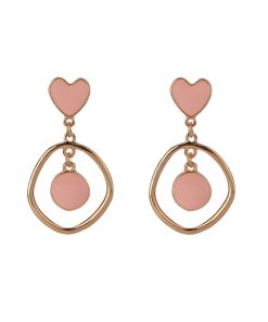 Retro Geometric Heart Clip-On Earrings in Floating Meat Pink Enamel & Metal - 925 Silver Long Design for a Temperament Style