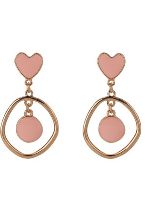 Retro Geometric Heart Clip-On Earrings in Floating Meat Pink Enamel & Metal - 925 Silver Long Design for a Temperament Style
