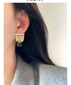 Retro Geometric Metal Wave Square Earrings in Black and Gold - Floating French Style Ear Clips and Studs for Women