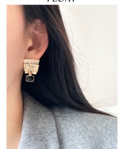 Retro Geometric Metal Wave Square Earrings in Black and Gold - Floating French Style Ear Clips and Studs for Women