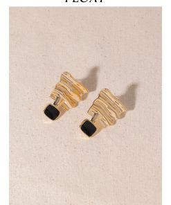 Retro Geometric Metal Wave Square Earrings in Black and Gold - Floating French Style Ear Clips and Studs for Women