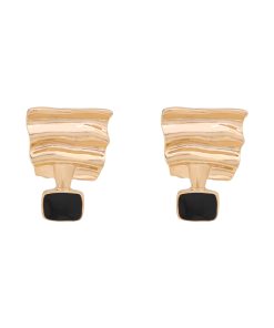 Retro Geometric Metal Wave Square Earrings in Black and Gold - Floating French Style Ear Clips and Studs for Women