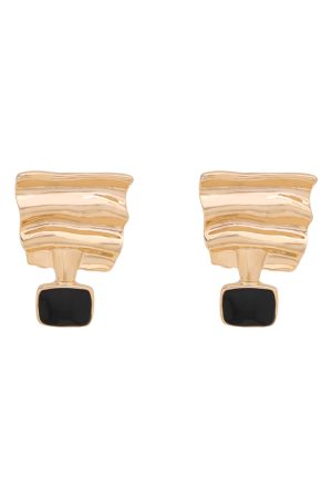 Retro Geometric Metal Wave Square Earrings in Black and Gold - Floating French Style Ear Clips and Studs for Women