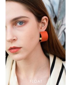 Retro High-End Leather Round Orange Earrings for Women - Floating Studs with 925 Sterling Silver Clips - 2025 Fashion Trend