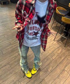 Retro High Street Embroidered Red Plaid Long Sleeve Shirt for Men and Women - Loose Couple Jacket for Spring and Autumn