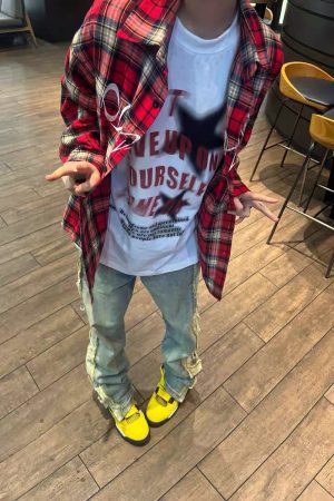 Retro High Street Embroidered Red Plaid Long Sleeve Shirt for Men and Women - Loose Couple Jacket for Spring and Autumn