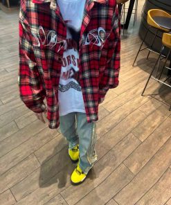 Retro High Street Embroidered Red Plaid Long Sleeve Shirt for Men and Women - Loose Couple Jacket for Spring and Autumn