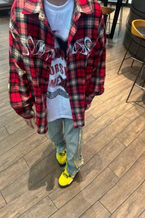 Retro High Street Embroidered Red Plaid Long Sleeve Shirt for Men and Women - Loose Couple Jacket for Spring and Autumn