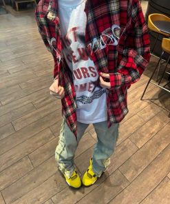 Retro High Street Embroidered Red Plaid Long Sleeve Shirt for Men and Women - Loose Couple Jacket for Spring and Autumn