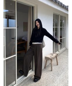 Retro High-Waisted Wide-Leg Casual Pants for Women - Versatile Loose Straight Long Trousers for Autumn Winter Style