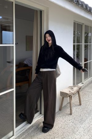 Retro High-Waisted Wide-Leg Casual Pants for Women - Versatile Loose Straight Long Trousers for Autumn Winter Style