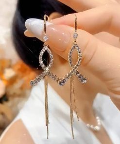 Retro Hong Kong Style Cross Fishtail Long Tassel Ear Hooks with Micro-Inlaid Diamonds - Elegant Niche Design Earrings
