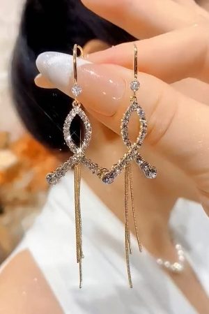 Retro Hong Kong Style Cross Fishtail Long Tassel Ear Hooks with Micro-Inlaid Diamonds - Elegant Niche Design Earrings